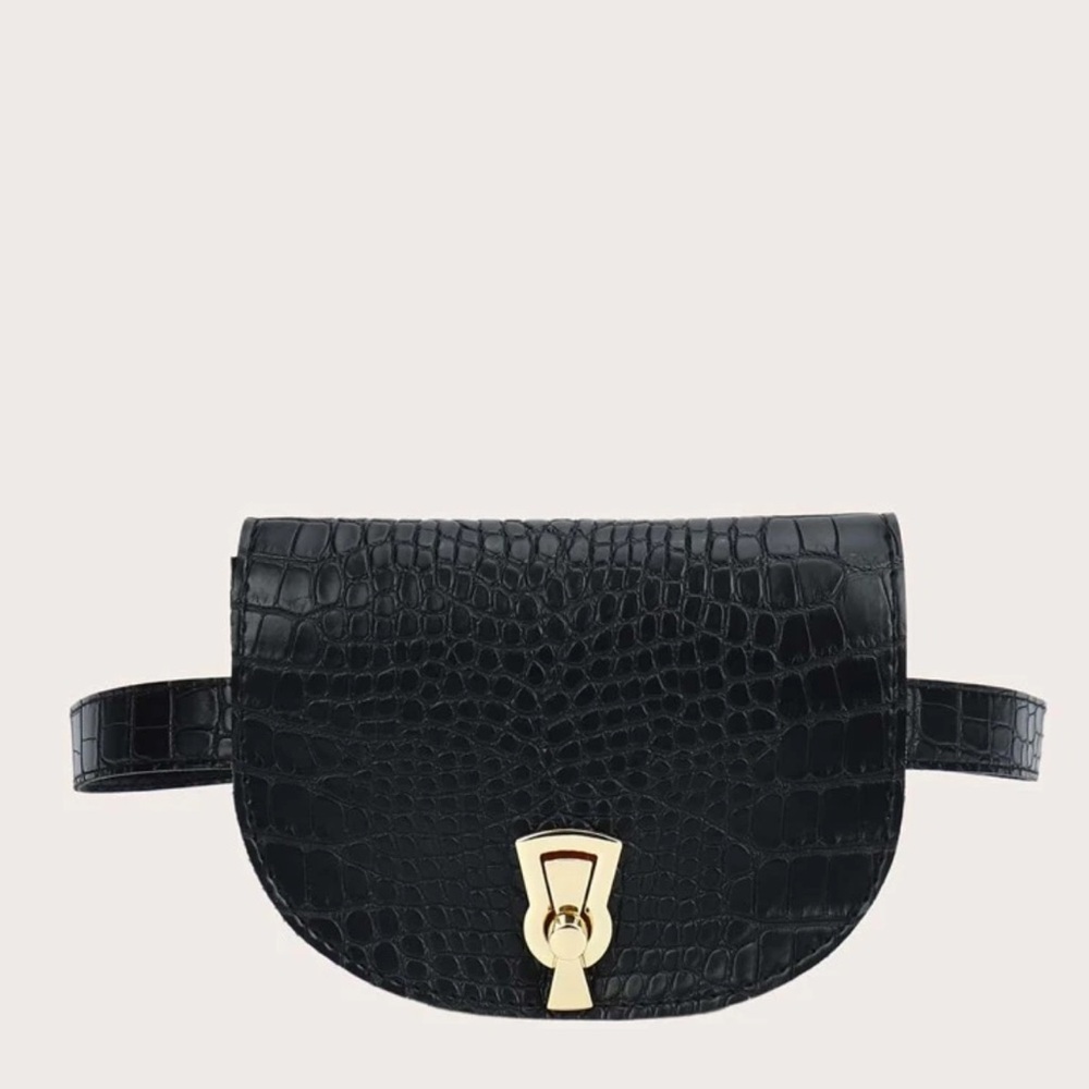 Chic Black Croc-Embossed Belt Bag with champagne gold closure